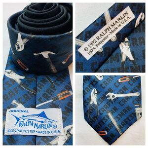 Ralph Marlin Necktie Tools Tie Blue Polyester USA Vtg 1992 Contractor Handyman